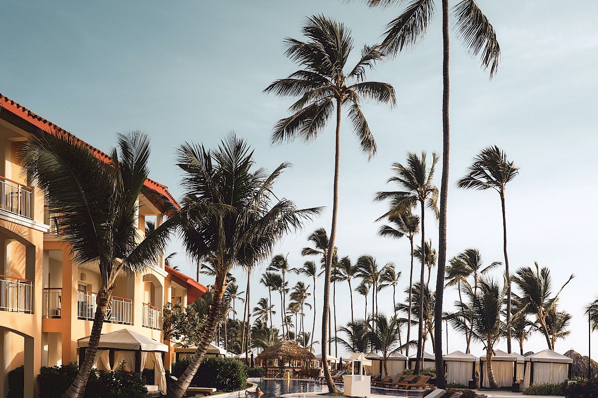 The image shows a resort pool with lounge chairs under tall palm trees, adjacent to a building with balconies, set against a clear blue sky.