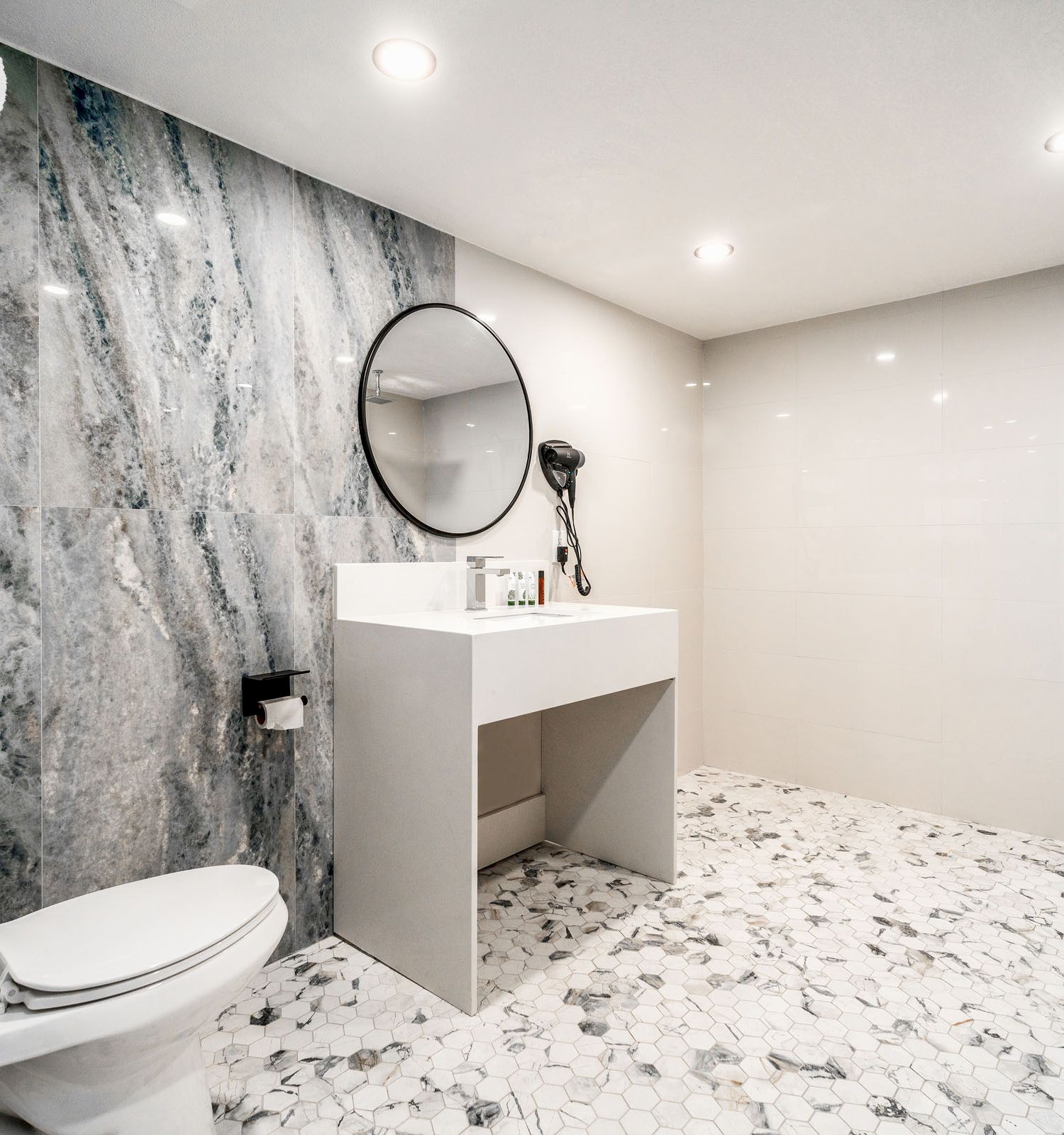 A modern bathroom features a toilet, sink with mirror, hairdryer, towel rack, and a walk-in shower with a rainfall showerhead on the wide side.