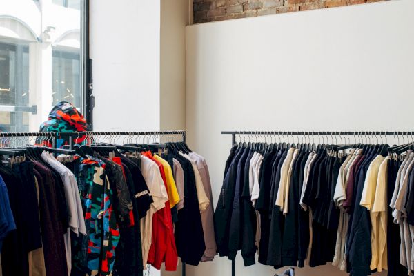 The image depicts a clothing store interior with racks of clothes, folded apparel on tables, large windows, and a brick wall.